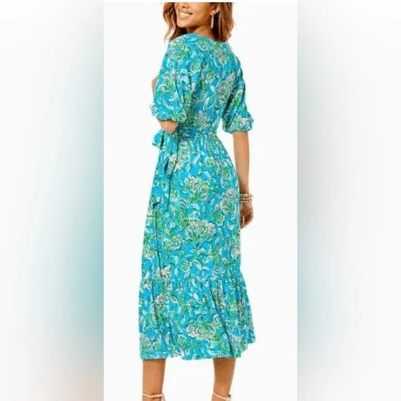 NWT! Lilly Pulitzer Brantley Midi Wrap Dress Cumulus Blue Chick Magnet Size M - Picture 4 of 12